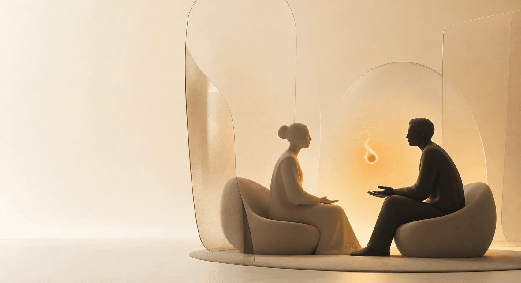 Two abstract figures connected through a warm glowing ember